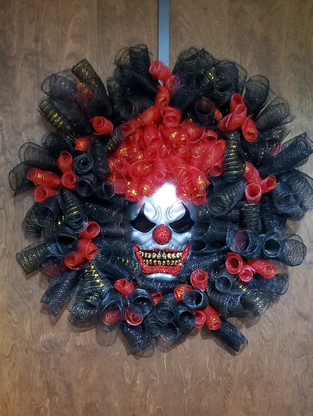 Red & Black Clown Holiday Wreath - Dramatic Halloween Door Accent